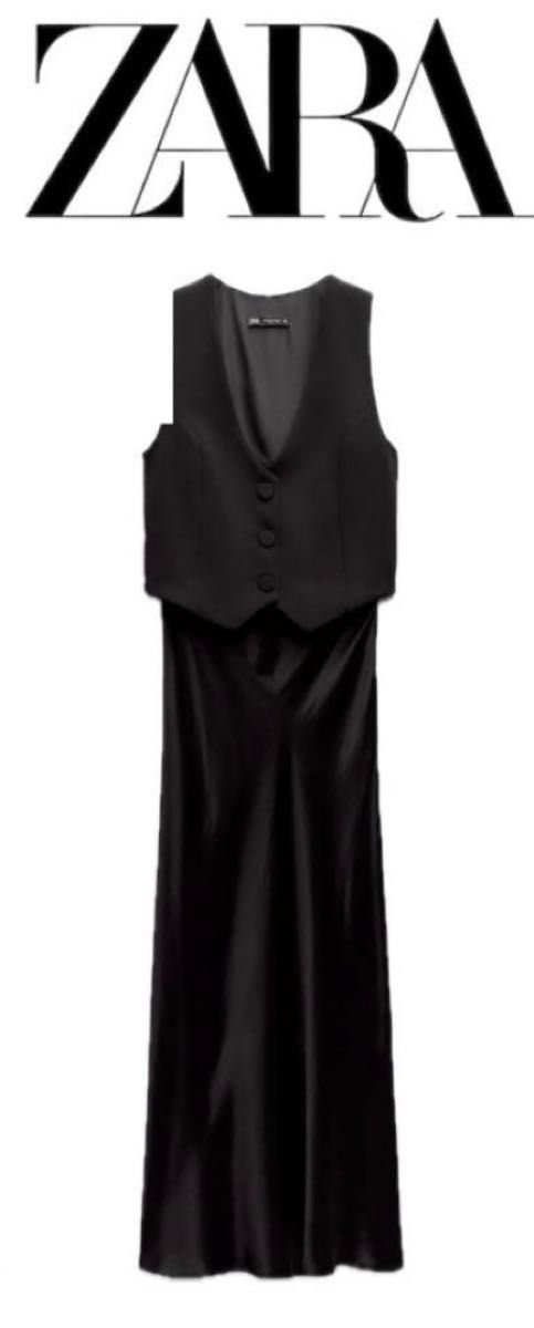匿名配送　新品　ZARA 今季　2024 ロングワンピース　ベストワンピース　黒 ドレス FRAY 結婚式 黒 ロング ブラック
