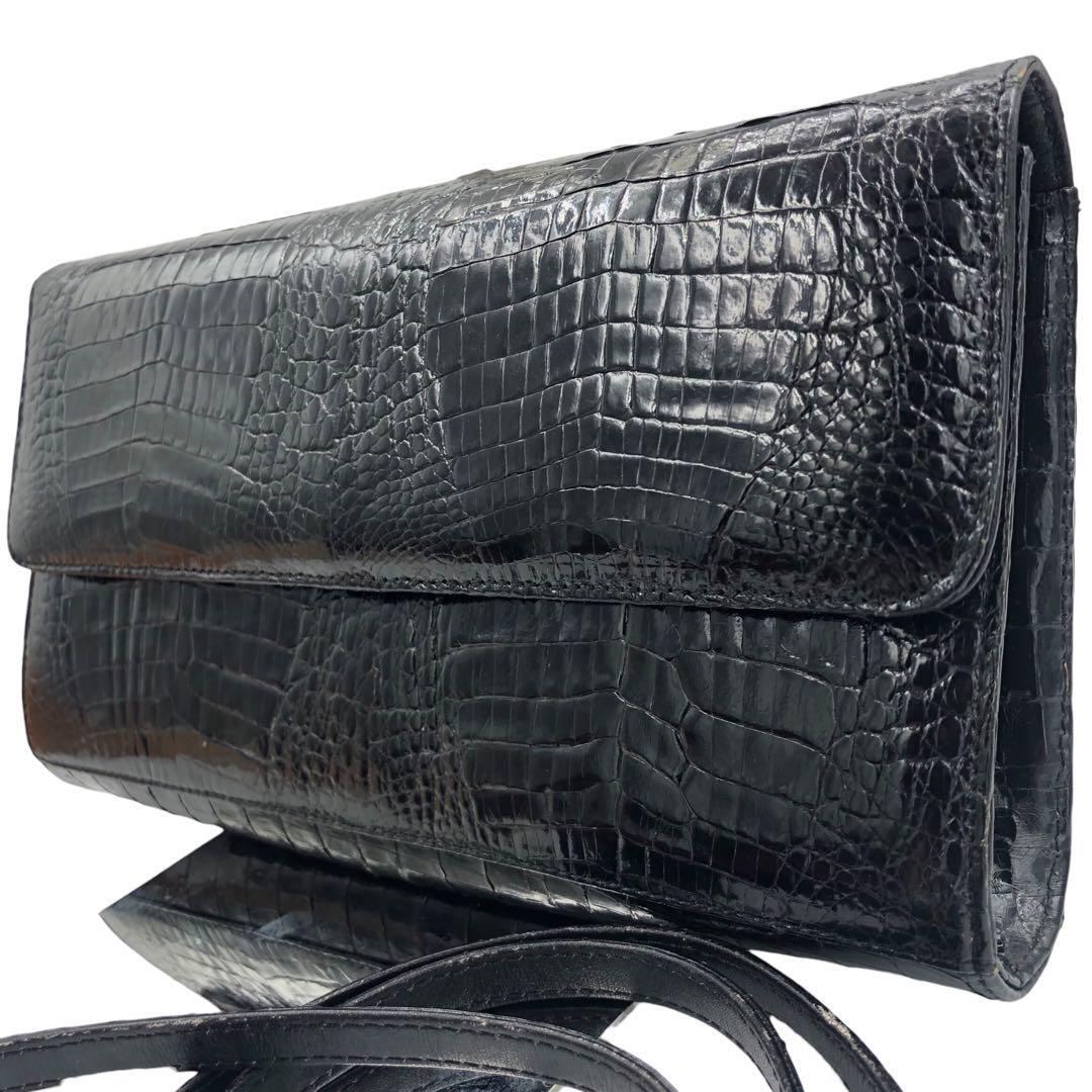 1 jpy crocodile wani leather original leather shoulder bag one shoulder bag clutch bag 2way black black color .. real genuine article flap 
