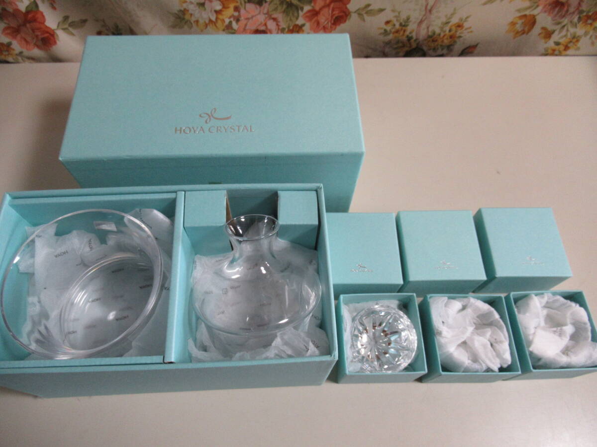 R6 04*HOYA CRYSTAL Hoya crystal cold sake sake bottle sake cup set pitcher (ka rough .) glass unused in box 