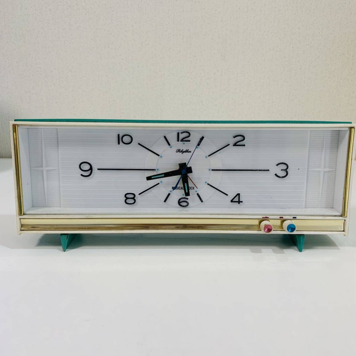 Rhythm リズム MUSICAL CLOCK 置き時計 アンティーク 昭和レトロ No.6860 グリーン 日本製 中古 稼働品 オルゴール故障の画像1