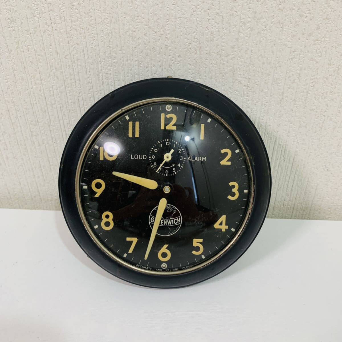 ビンテージ 目覚まし時計 GREENWICH LOUD ALARM アンティーク 置き時計 レトロ ブラック コレクション 13cmX13cmの画像1