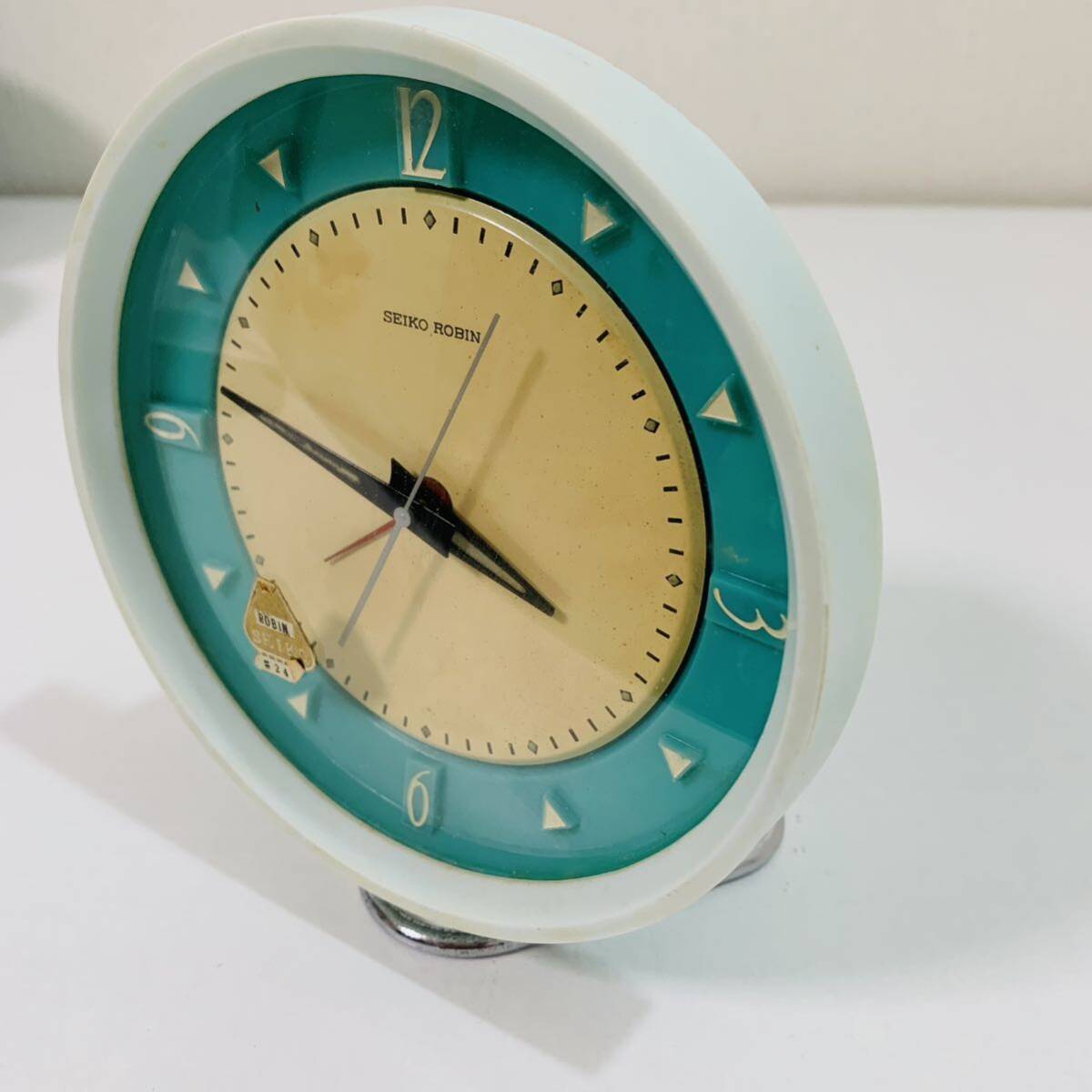 アンティーク 置き時計 SEIKO ROBIN セイコー ロビン No.2439 グリーン ホワイト 目覚まし時計 アラーム 昭和レトロ ビンテージの画像5
