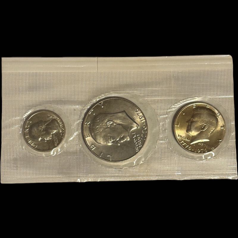 アメリカ合衆国建国200年記念コイン 3枚セット アイゼンハワー 1ドル ケネディ 50セント ワシントン 25セント リバティコイン 銀貨 未使用の画像1