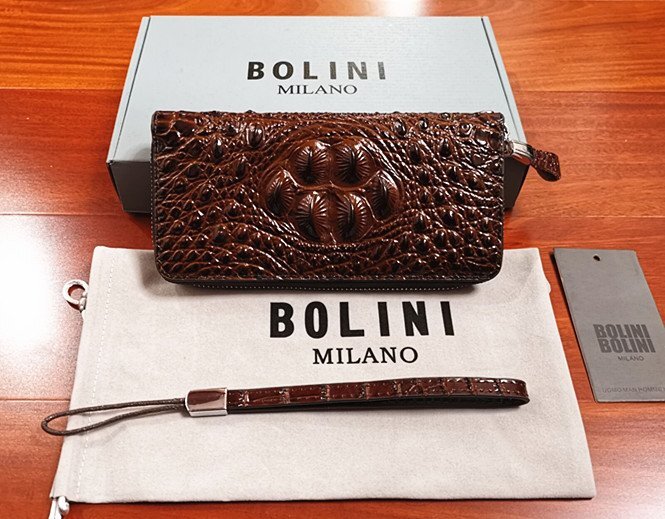 逸品*イタリア製※定価15万◆イタリア・ミラノ発*BOLINI/ボリニ・最上級牛革・クロコダイル*ラウンドファスナー 長財布・茶色の画像1