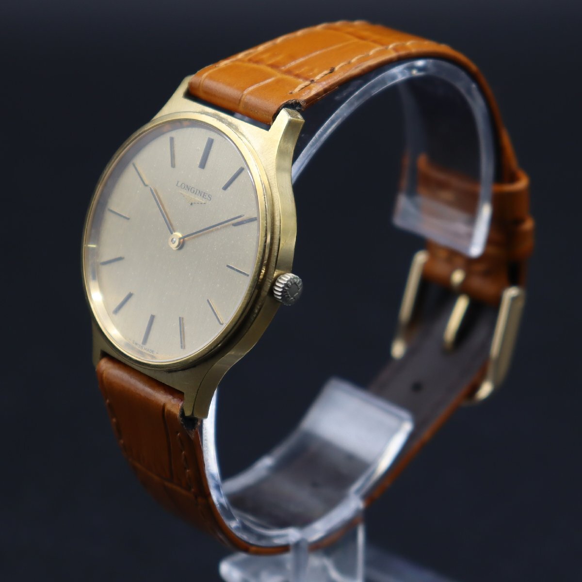 LONGINES ロンジン 手巻き ゴールドカラー文字盤 ラウンド 2針 スイス製 新品革ベルト アンティーク メンズ腕時計の画像3