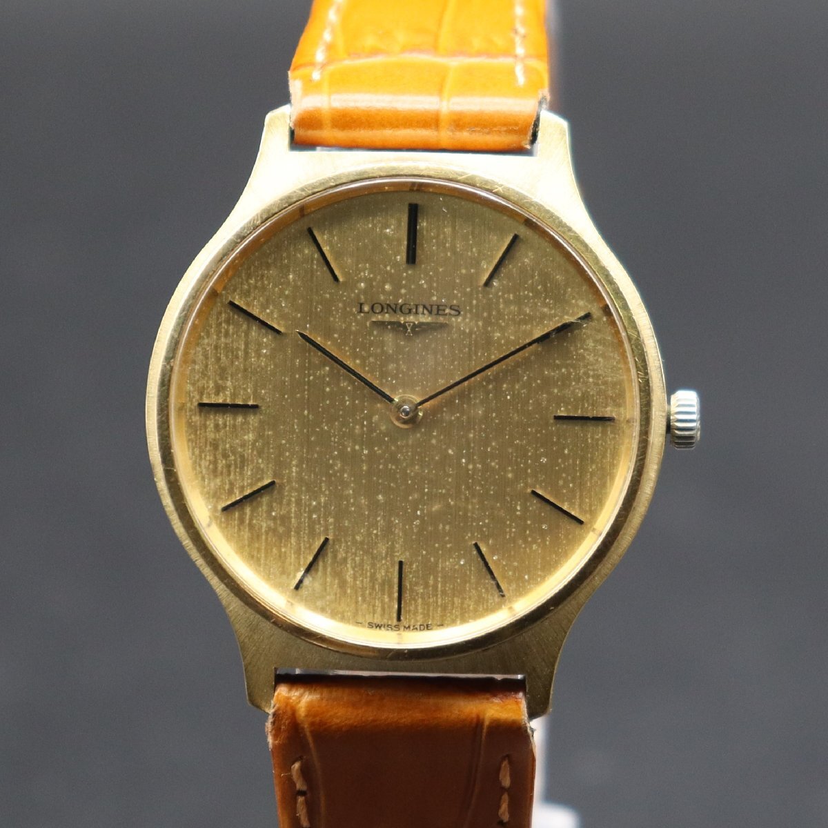 LONGINES ロンジン 手巻き ゴールドカラー文字盤 ラウンド 2針 スイス製 新品革ベルト アンティーク メンズ腕時計の画像2