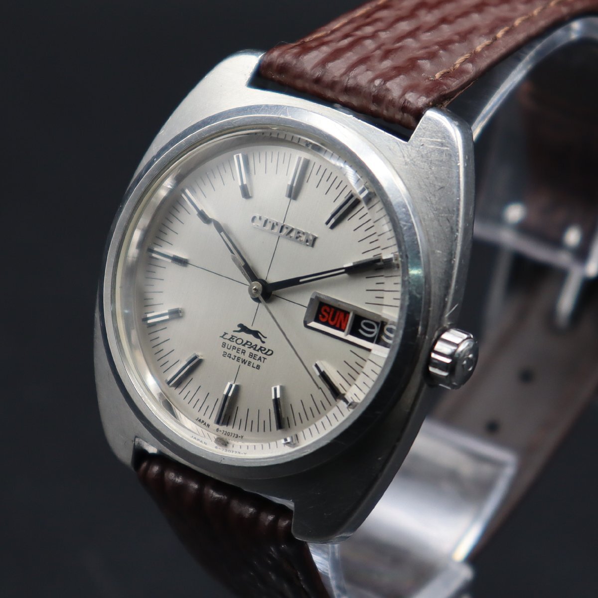 OH済 CITIZEN LEOPARD シチズン レオパール スーパービート 4-720539Y 自動巻き 24石 豹 1970年代 英デイデイト 新品革ベルト メンズ腕時計_画像1