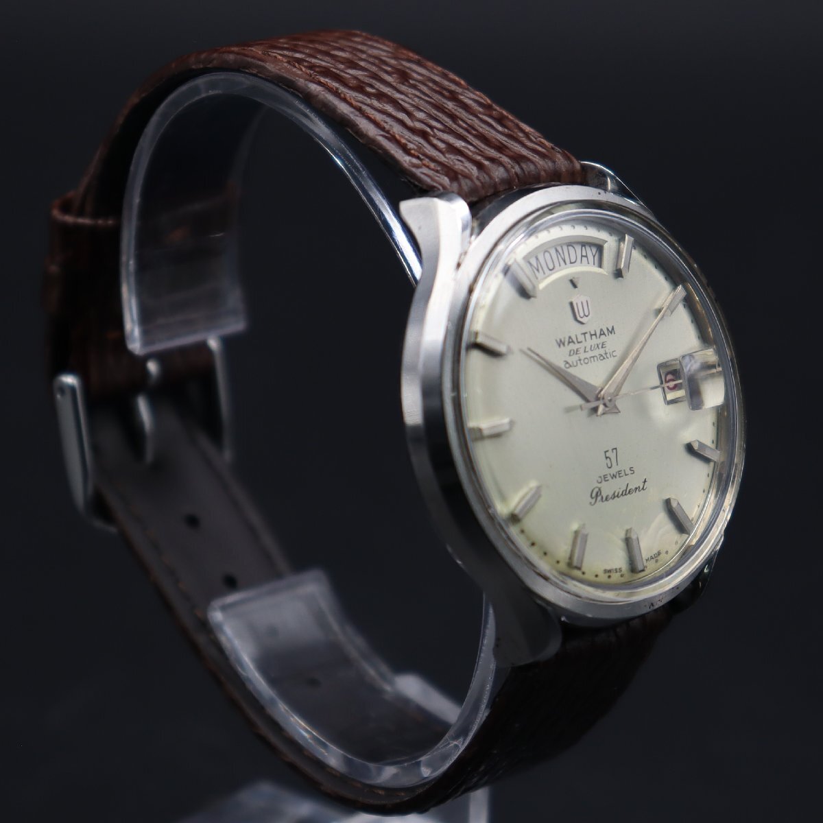 WALTHAM DE LUXE President ウォルサム デラックス プレジデント 57石 自動巻き スイス製 赤/黒デイデイト 新品革ベルト メンズ腕時計の画像4