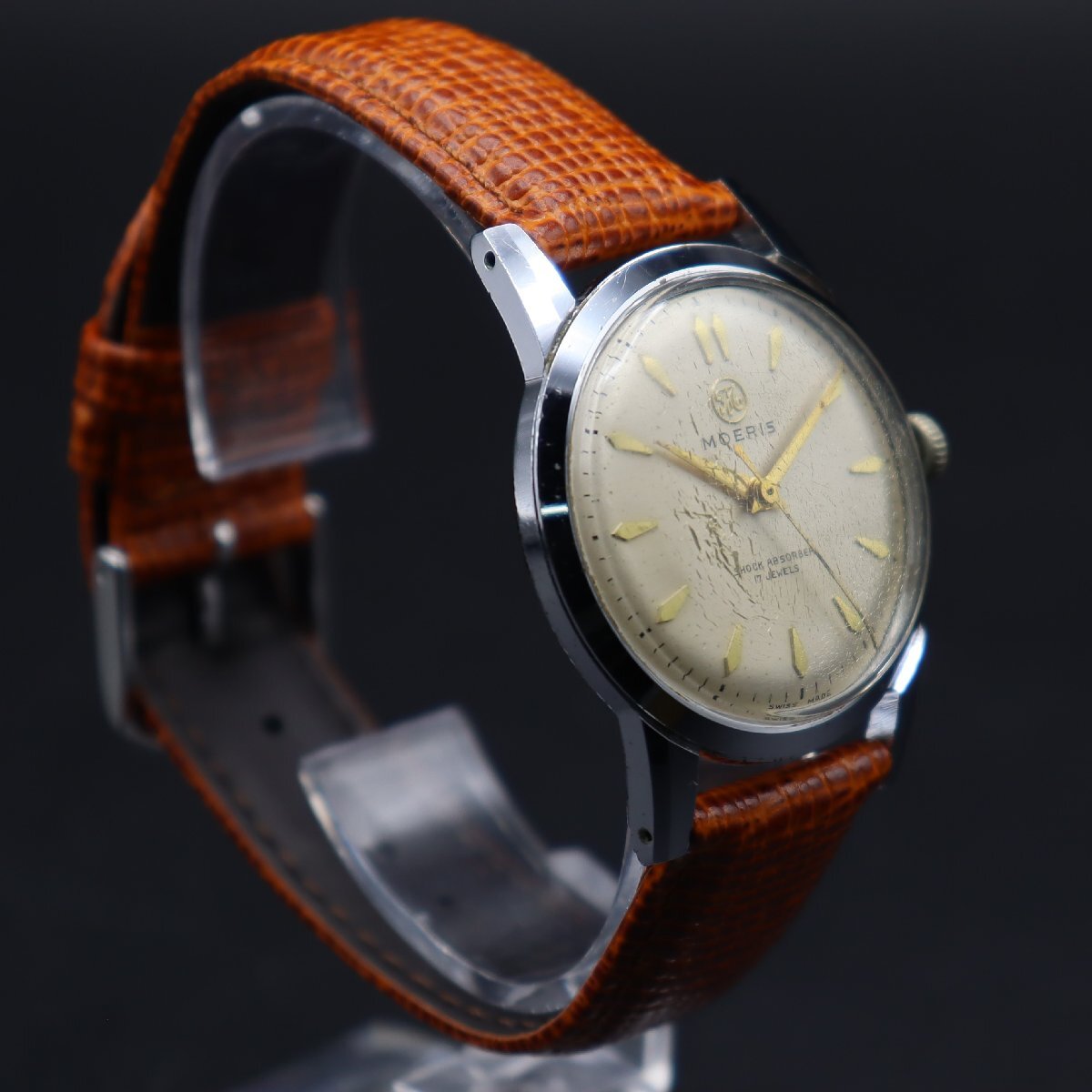希少 MOERIS GRANDS PRIX モーリス グランプリ 手巻き 17石 シルバーカラー スイス製 新品革ベルト アンティーク メンズ腕時計の画像4