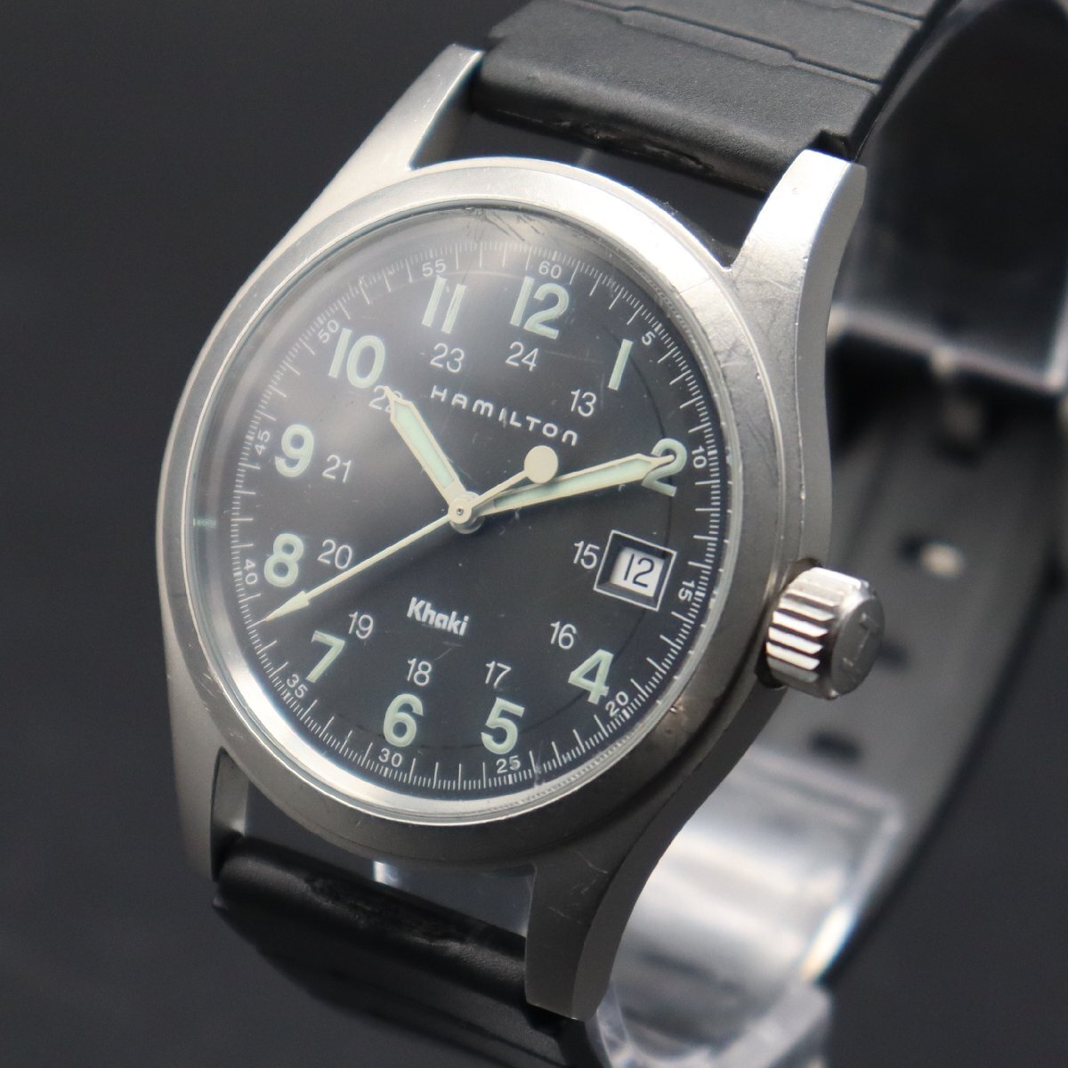 HAMILTON Khaki ハミルトン カーキ 6361 クォーツ 24時表示 ブラック文字盤 デイト 新品ラバーベルト メンズ腕時計の画像1