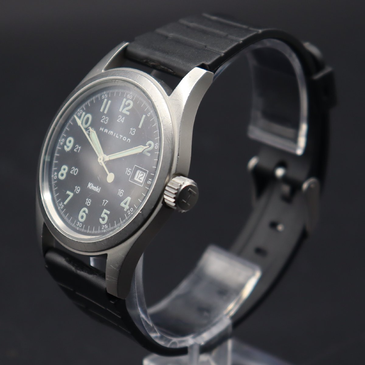 HAMILTON Khaki ハミルトン カーキ 6361 クォーツ 24時表示 ブラック文字盤 デイト 新品ラバーベルト メンズ腕時計の画像3