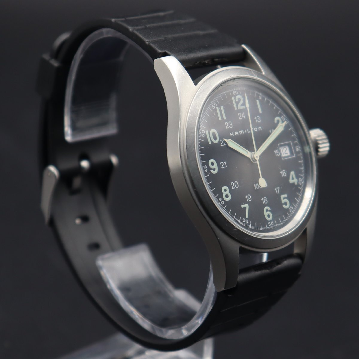HAMILTON Khaki ハミルトン カーキ 6361 クォーツ 24時表示 ブラック文字盤 デイト 新品ラバーベルト メンズ腕時計の画像4