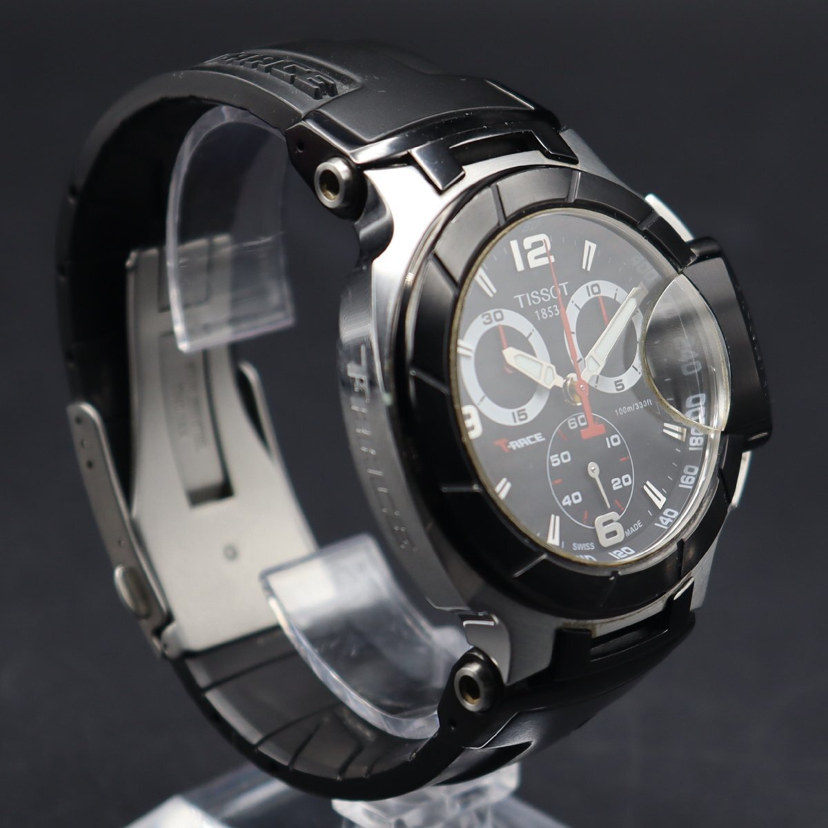 OH済 電池新品 TISSOT T-RACE ティソ Tレース T048417A クォーツ クロノグラフ スモセコ 黒文字盤 デイト スイス 純正ラバーベルト メンズの画像4