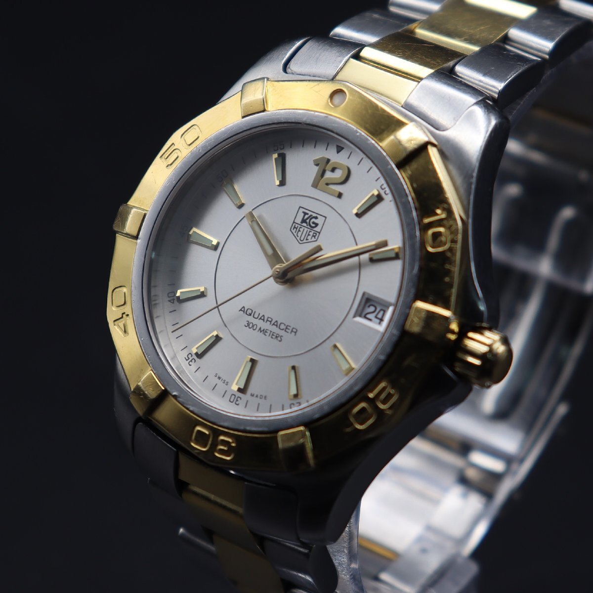 TAG HEUER タグホイヤー アクアレーサー クォーツ WAF1120 ゴールドメッキ シルバー文字盤 デイト 純正ブレス アンティーク メンズ腕時計の画像1