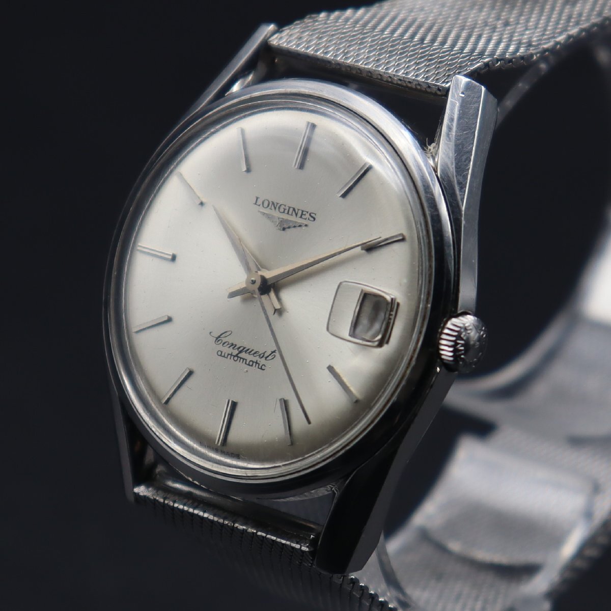 LONGINES CONQUEST ロンジン コンクエスト 自動巻き シルバー文字盤 1960年代 デイト スイス製 純正バックル 保/保証書ケース メンズ腕時計