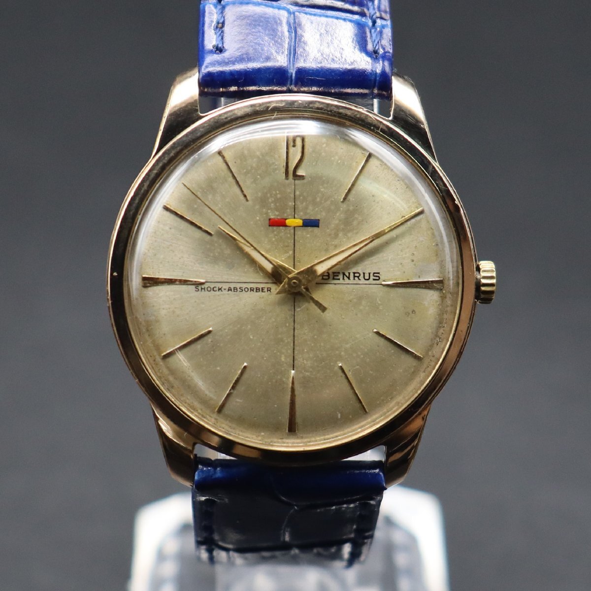 BENRUS SHOCK-ABSORBER ベンラス 手巻き 20μGold ELECTROPLATEケース 3針 スイス製 新品革ベルト アンティーク メンズ腕時計の画像3