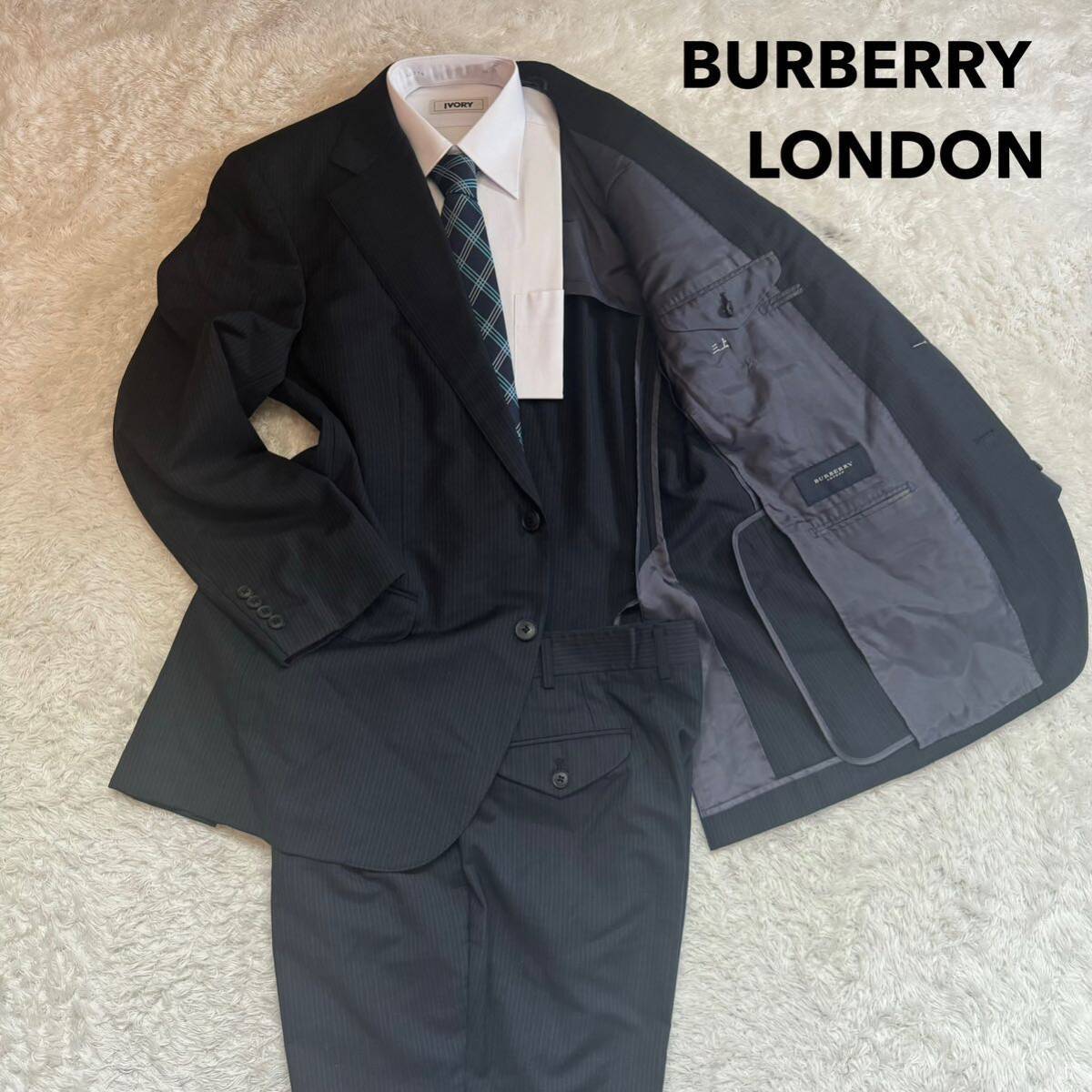 【BURBERRY LONDON】 バーバリー ロンドン BB5（Lサイズ程度） ストライプ ダークグレー スーツ セットアップ背抜きメンズ モヘア混の画像1