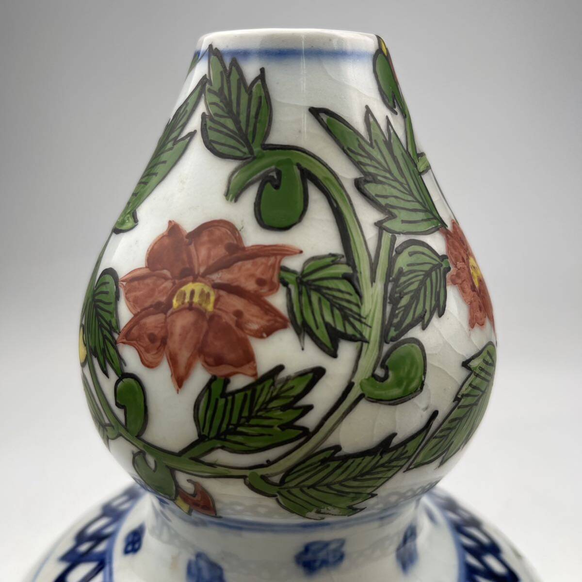 時代　色絵瓢箪形　花瓶　/　時代物　中国美術　色絵　豆彩　五彩　花器　飾壺　煎茶飾　.1631_画像5