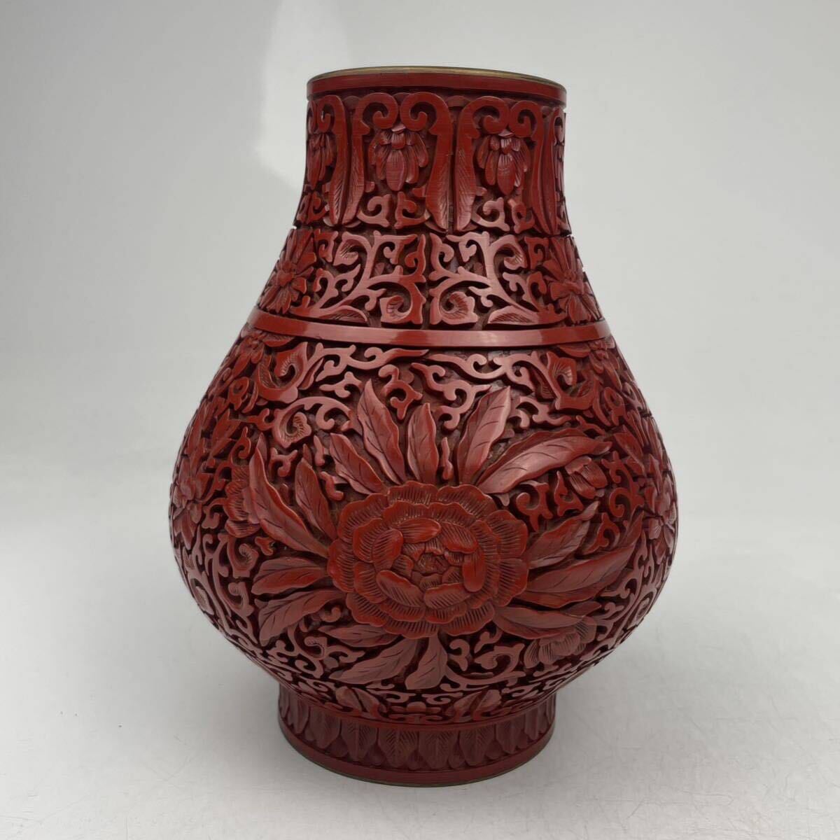 中国美術 堆朱花瓶 牡丹文 / 時代 唐物 漆芸 木工芸 唐木 花器 花瓶 置物 煎茶飾 .1749 の画像1