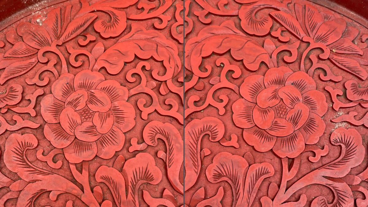 堆朱　盆　茶卓　/　漆芸　細密彫刻　時代物　中国美術　煎茶道具　茶盆　.1674　_画像5