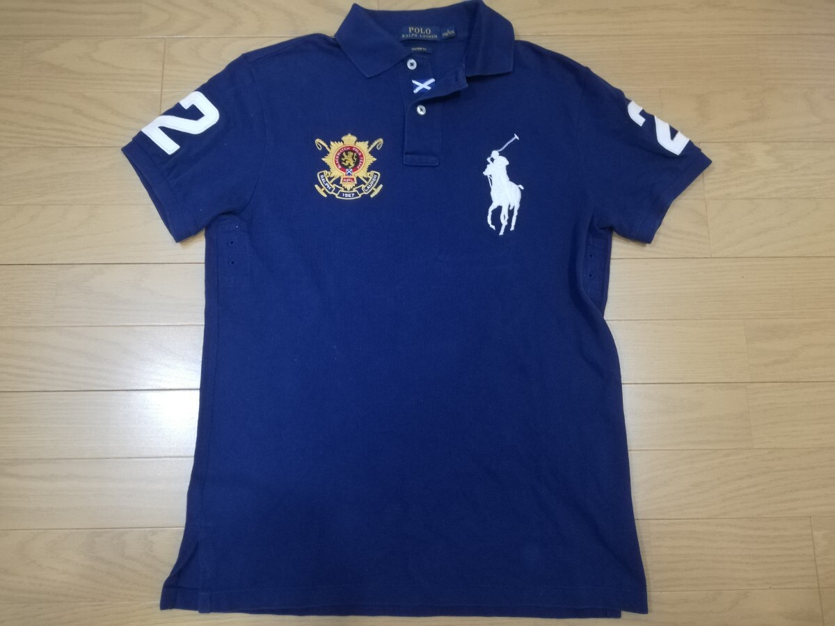 美品【POLO RALPH LAURENポロ・ラルフローレン】ビッグポニー刺繍＆エンブレムデザインポロシャツ(CUSTOM -FIT )◆Sサイズ　ネイビー_画像1