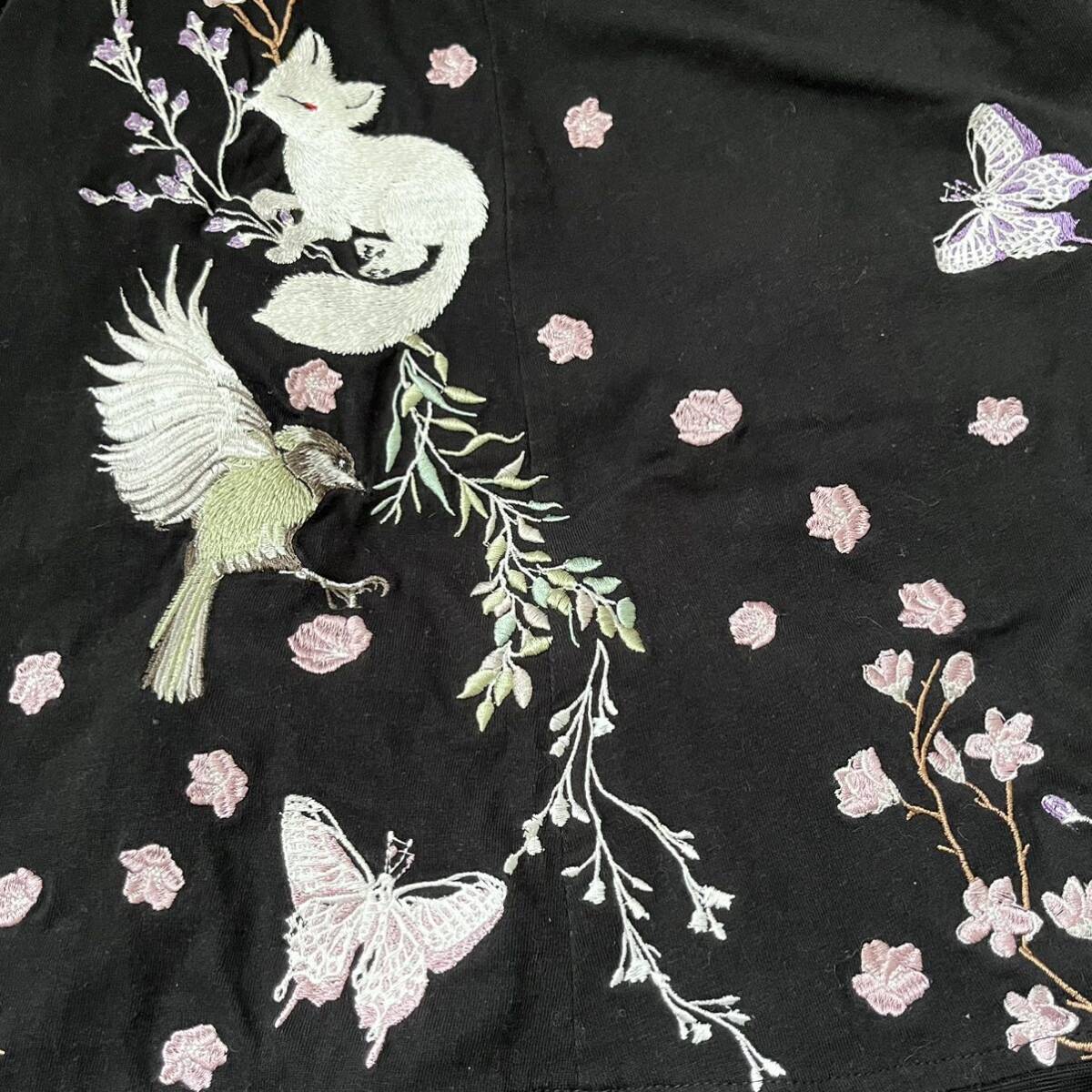 KON-JAKU 今昔 コンジャク 刺繍 蝶 白狐 キツネ 狐 鳥 桜 花柄 KON-JAKU 今昔 コンジャク 刺繍 蝶 白狐 キツネ 狐 鳥 桜 花柄