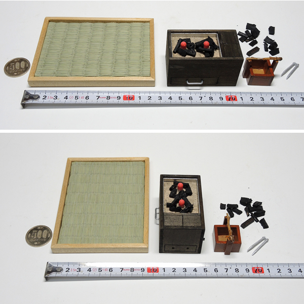 ミニチュア箱火鉢 ミニ火鉢 ミニミニチュア 光るLED２灯 箱火鉢F+鉄箸 炭箱 炭 たたみ 和風ジオラマ レトロ 昔の道具 昔 ハンドメイド_画像2