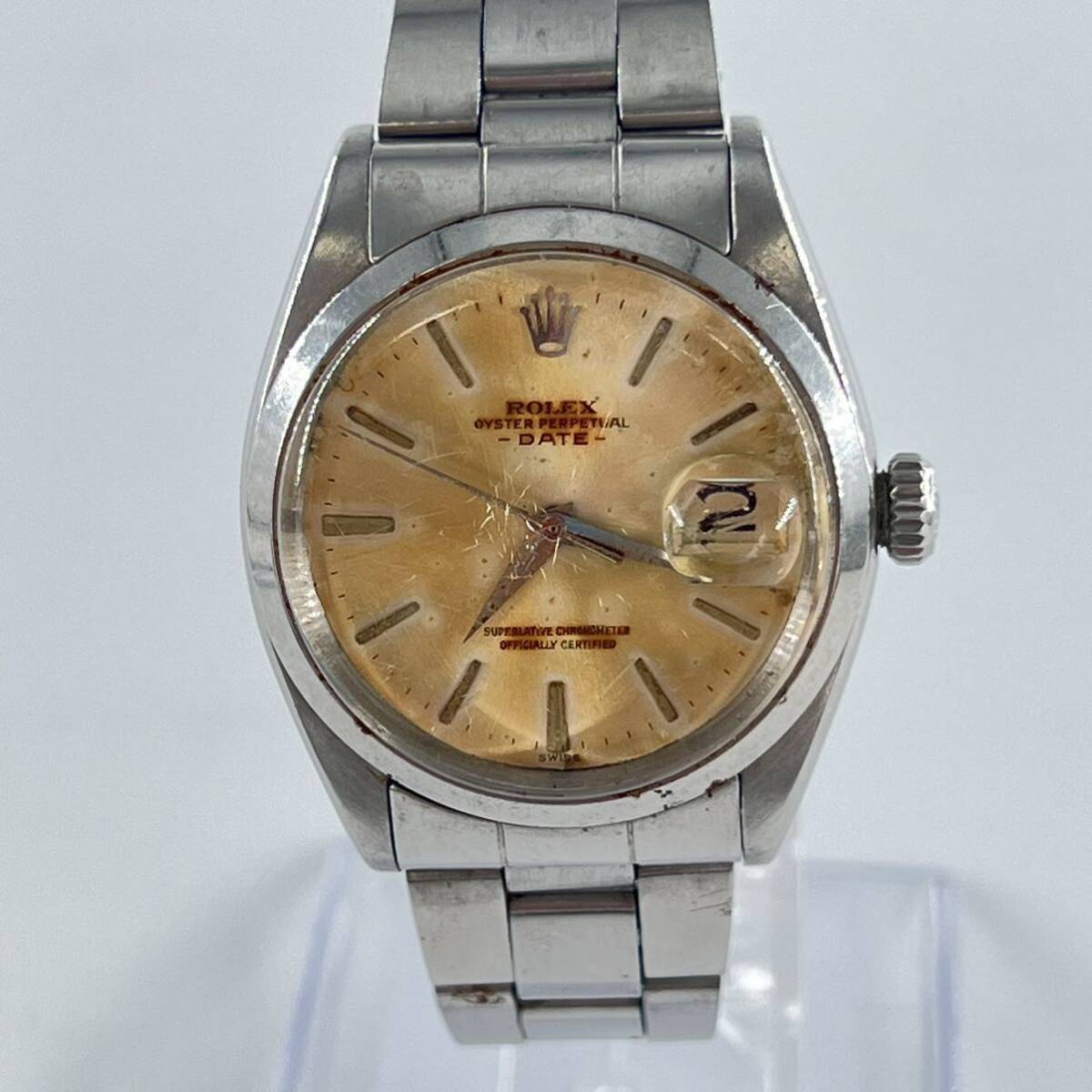 K4 【稼働品】ROLEX OYSTER PERPETUAL DATE ロレックス 腕時計 シルバー 日付 ゴールド文字盤の画像3