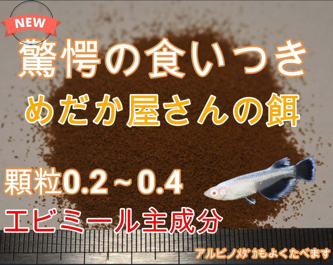 【新発売】驚愕のくいつき　メダカ屋さんの餌　100ｇ　サイズ 0２～0.４ｍｍ　テトラ　グッピー　タナゴ　ベタ　めだか屋　カルシウム強化_画像1