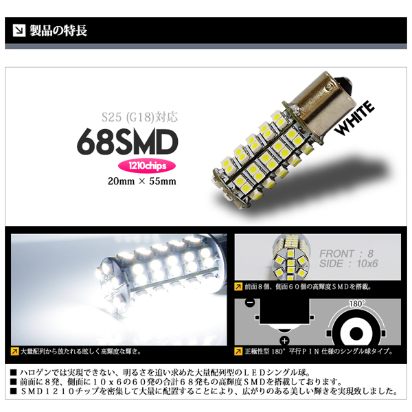 S25 LED 68連 バックランプ 白 ホワイト 6000K シングル球 平行ピン LEDバルブ 車 国内検査後出荷 ネコポス 送料無料の画像2