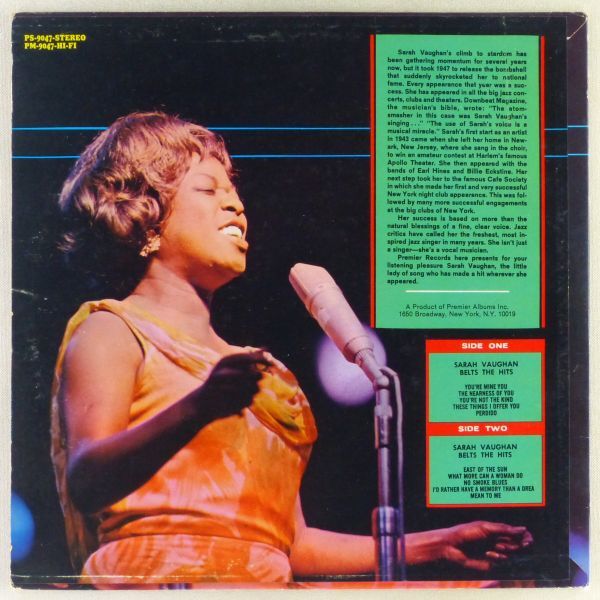 ■Sarah Vaughan（サラ・ヴォーン）｜Belts The Hits ＜LP 1966年 US盤＞_画像2