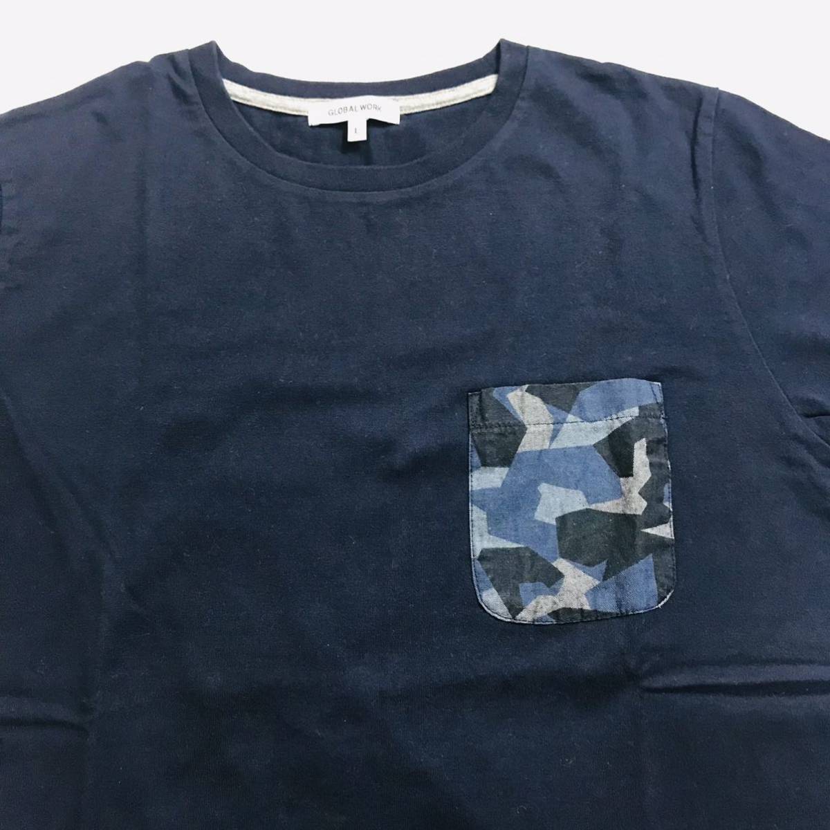 100円　GLOBAL WORK(グローバルワーク)半袖Tシャツ　トップス カットソー　ネイビー　ポケT_画像5