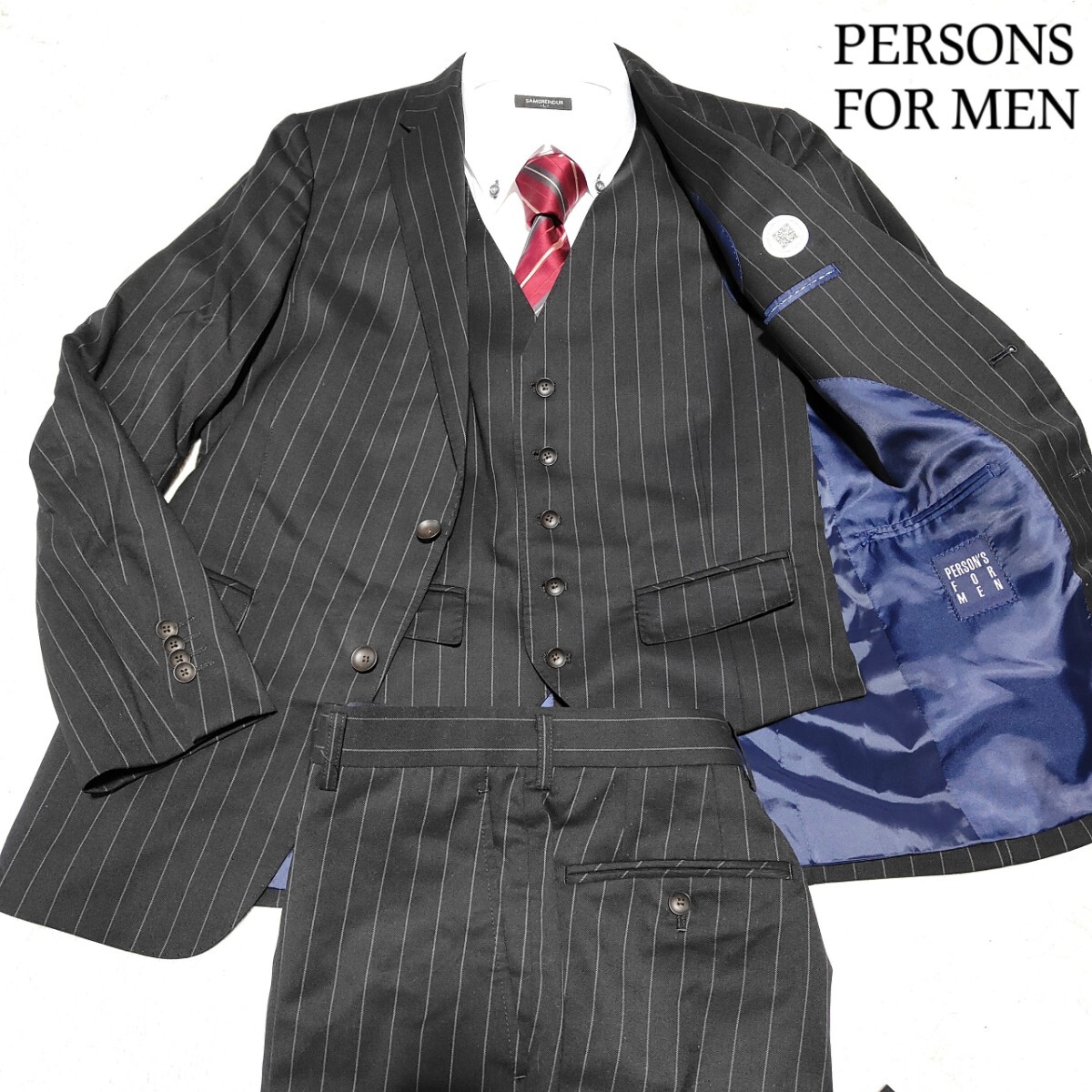 【魅惑の3ピース】極美品 パーソンズ スーツ セットアップ チョークストライプ ジャケット ベスト ジレ ウール チャコールグレー YA5 2Bの画像1