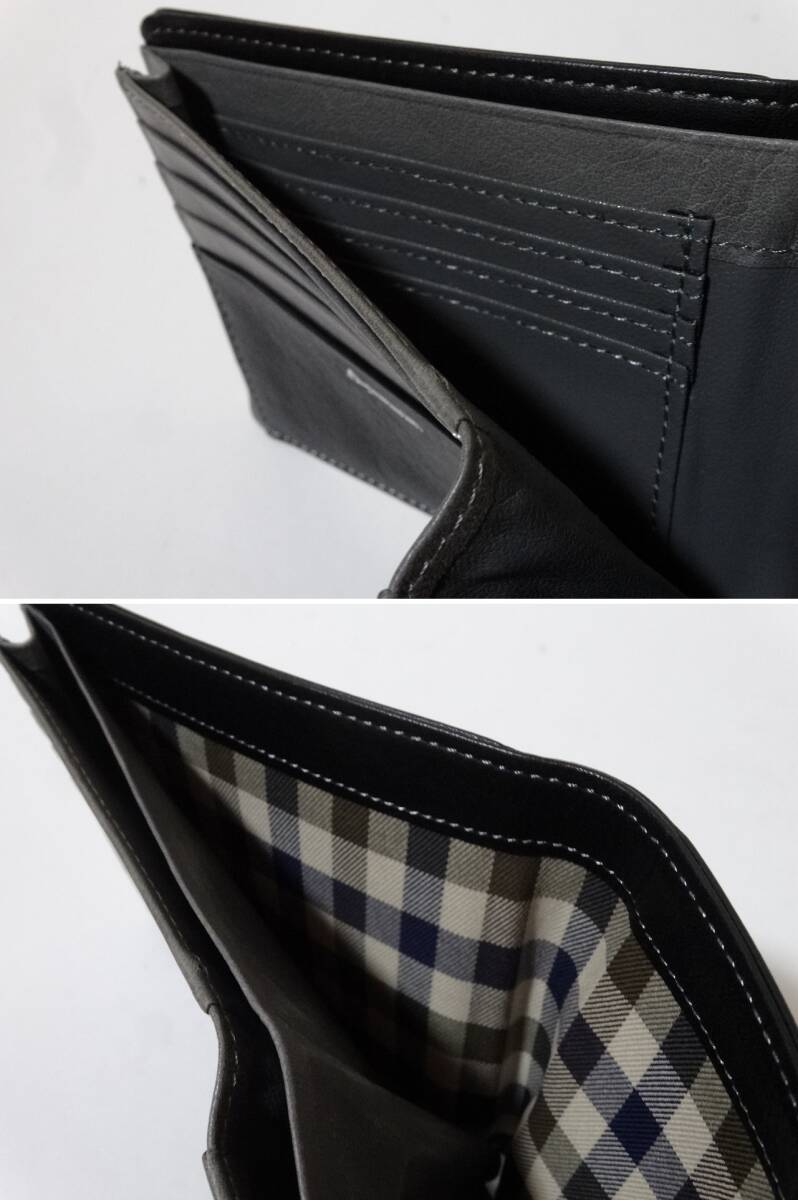 送料込 新品★Aquascutum 2つ折り 本革 財布★アクアスキュータム/レザー/ウォレット/小銭入れなし/スリム/薄マチ/ブラック/グレー/カード