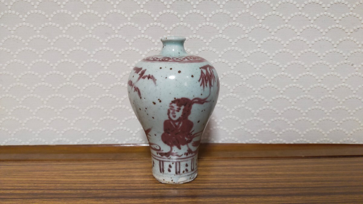 委託出品 中国古物品 辰砂釉裏紅陶磁器 一輪花入 年代ものの画像3