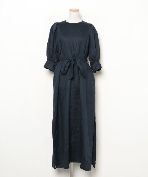 レディース 「HYKE」 LINEN BALLOON SLEEVE MAXI DRESS 半袖ワンピース 1 ネイビーの画像1