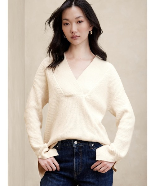 「BANANA REPUBLIC FACTORY STORE」 Vネックニット M アイボリー レディース_画像1