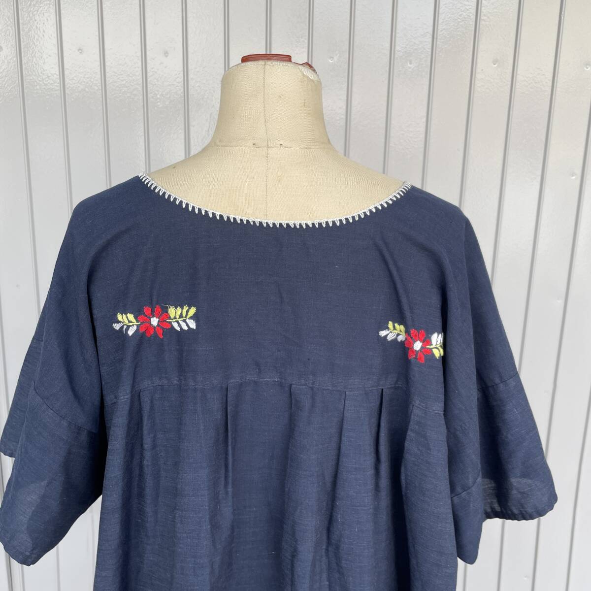  Vintage meki deer n dress embroidery cotton short sleeves One-piece navy 240402