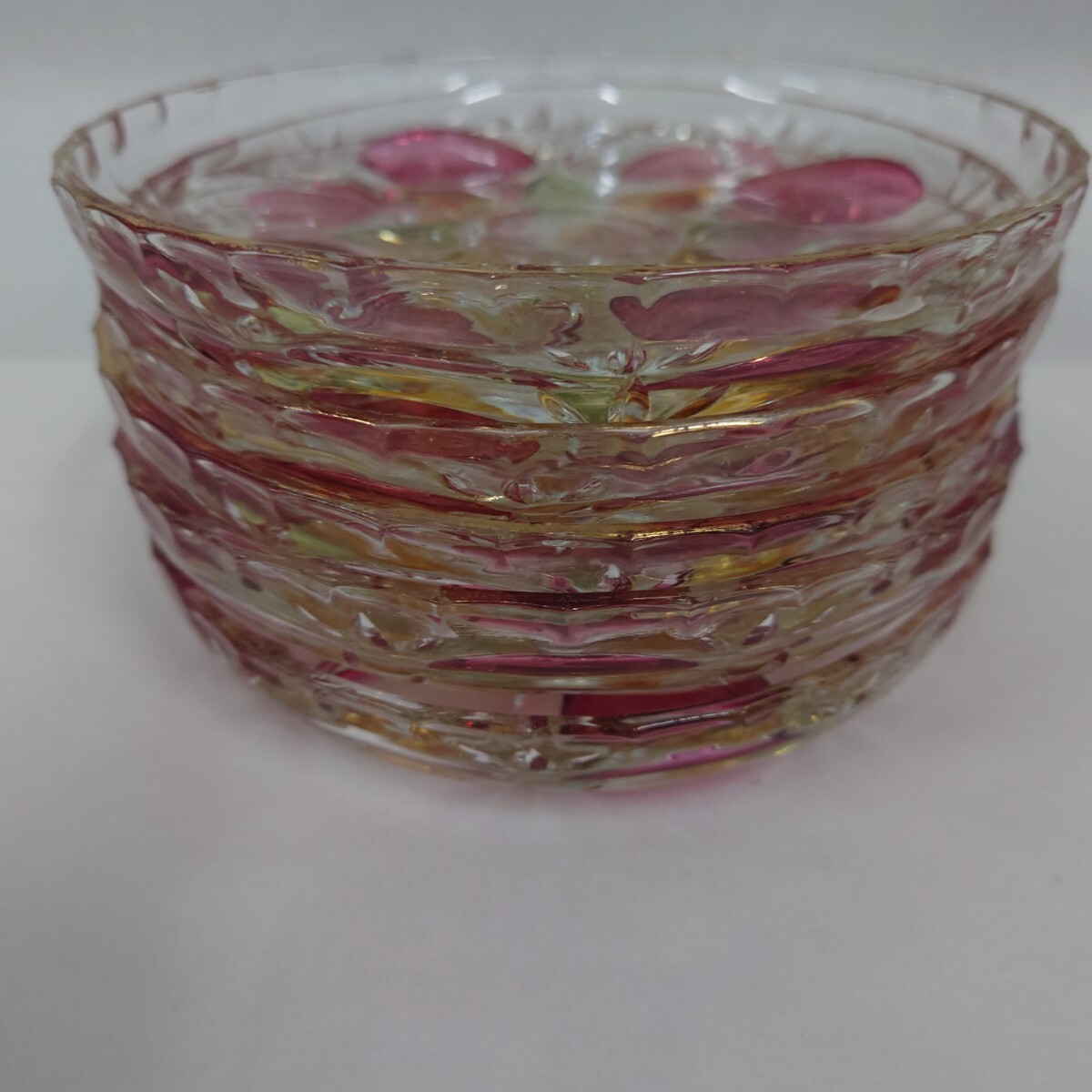 送料無料 レトロ フルーツ皿 ガラス 5枚セット ピンク ゴールド グリーン 可愛い ガラスプレート アンティーク の画像5