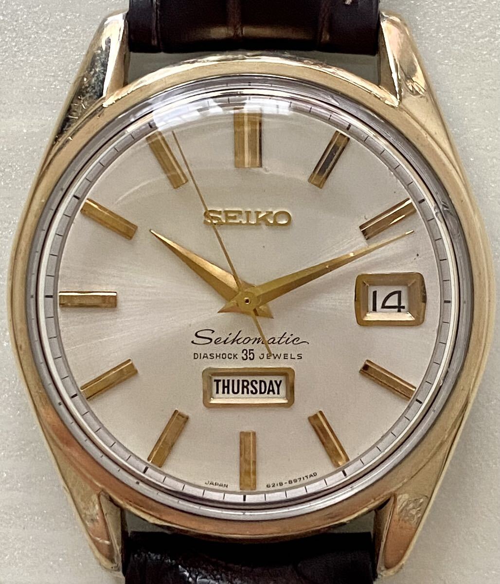 1円〜 N SEIKO セイコー マチック 6218-8971 シルバー文字盤 王冠イルカ メンズ 自動巻き デイデイト アンティーク 稼動品 腕時計 A0274の画像3