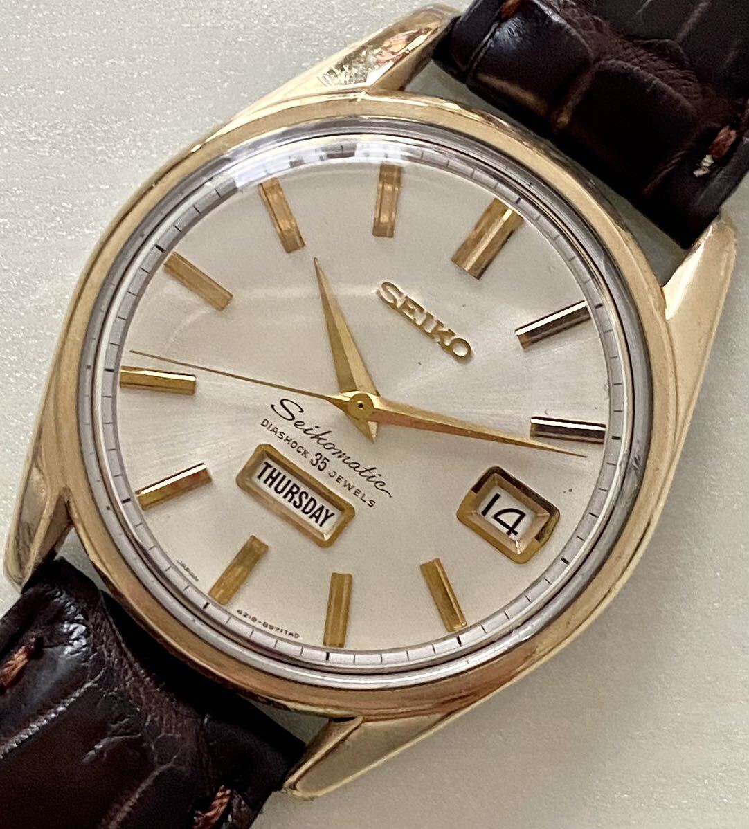 1円〜 N SEIKO セイコー マチック 6218-8971 シルバー文字盤 王冠イルカ メンズ 自動巻き デイデイト アンティーク 稼動品 腕時計 A0274の画像1