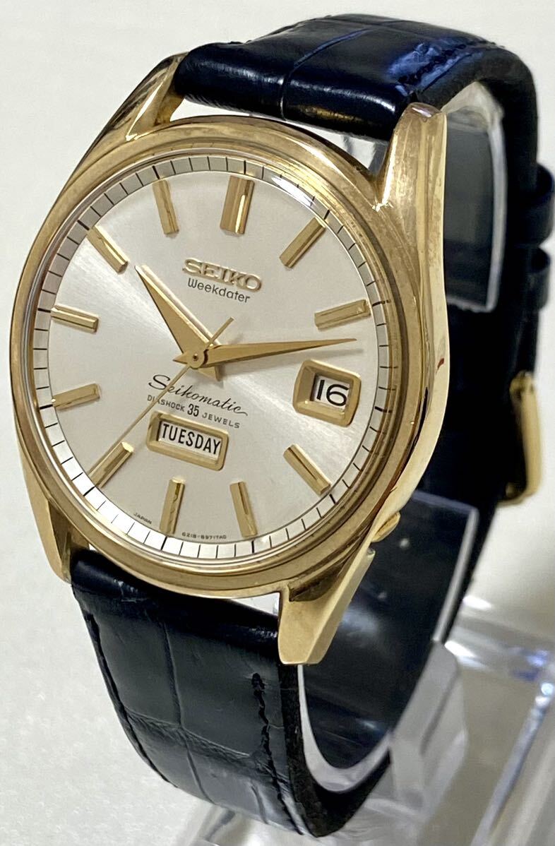 1円〜 N SEIKO セイコー マチック 6218-8971 シルバー文字盤 王冠イルカ メンズ 自動巻き デイデイト アンティーク 稼動品 腕時計 A0306の画像10