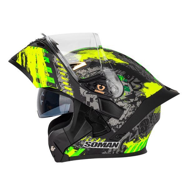 システムヘルメット SOMAN バイク用フルフェイスヘルメット フリップアップ UVカット99% サイズ指定可能 蛍光モンスターの画像1