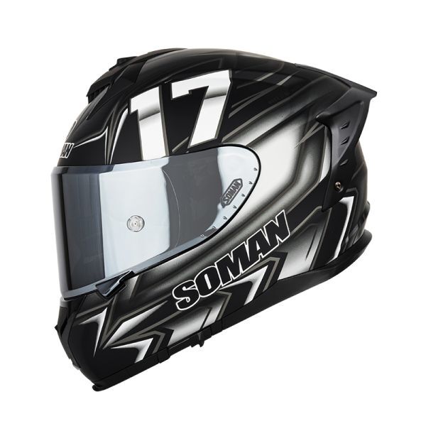 SOMAN　バイク用フルフェイスヘルメット　フリップアップ　UVカット99%　サイズ指定可能　コード17　黒_銀シールド＋リヤウィング