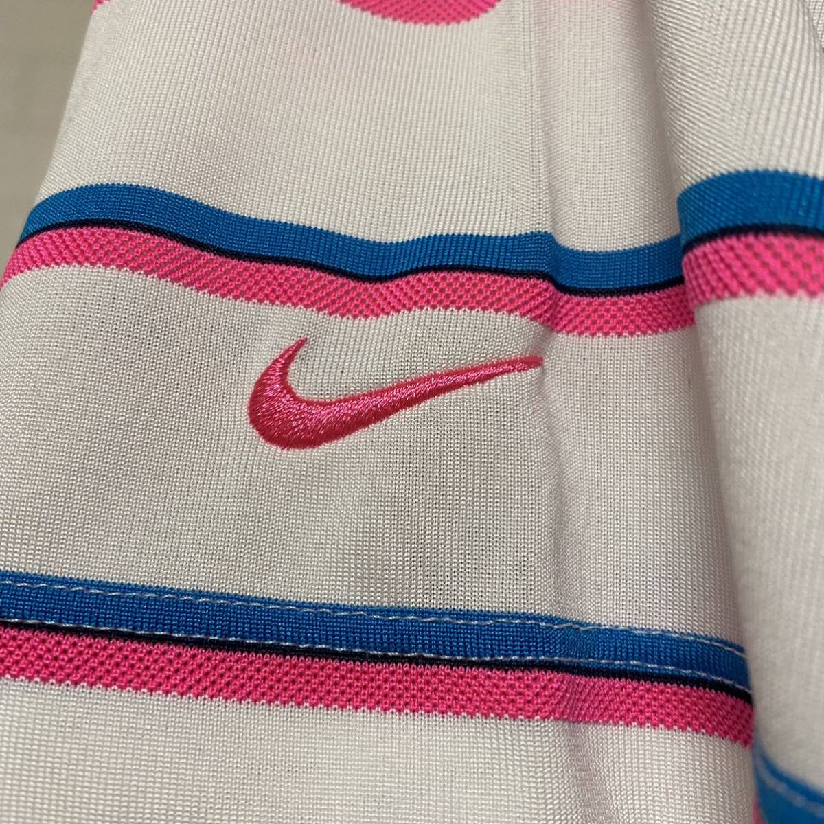 NIKE GOLF ナイキゴルフ ゴルフウェア 半袖 Mサイズ ボーダー ロゴ刺繍 ピンク メンズ_画像6