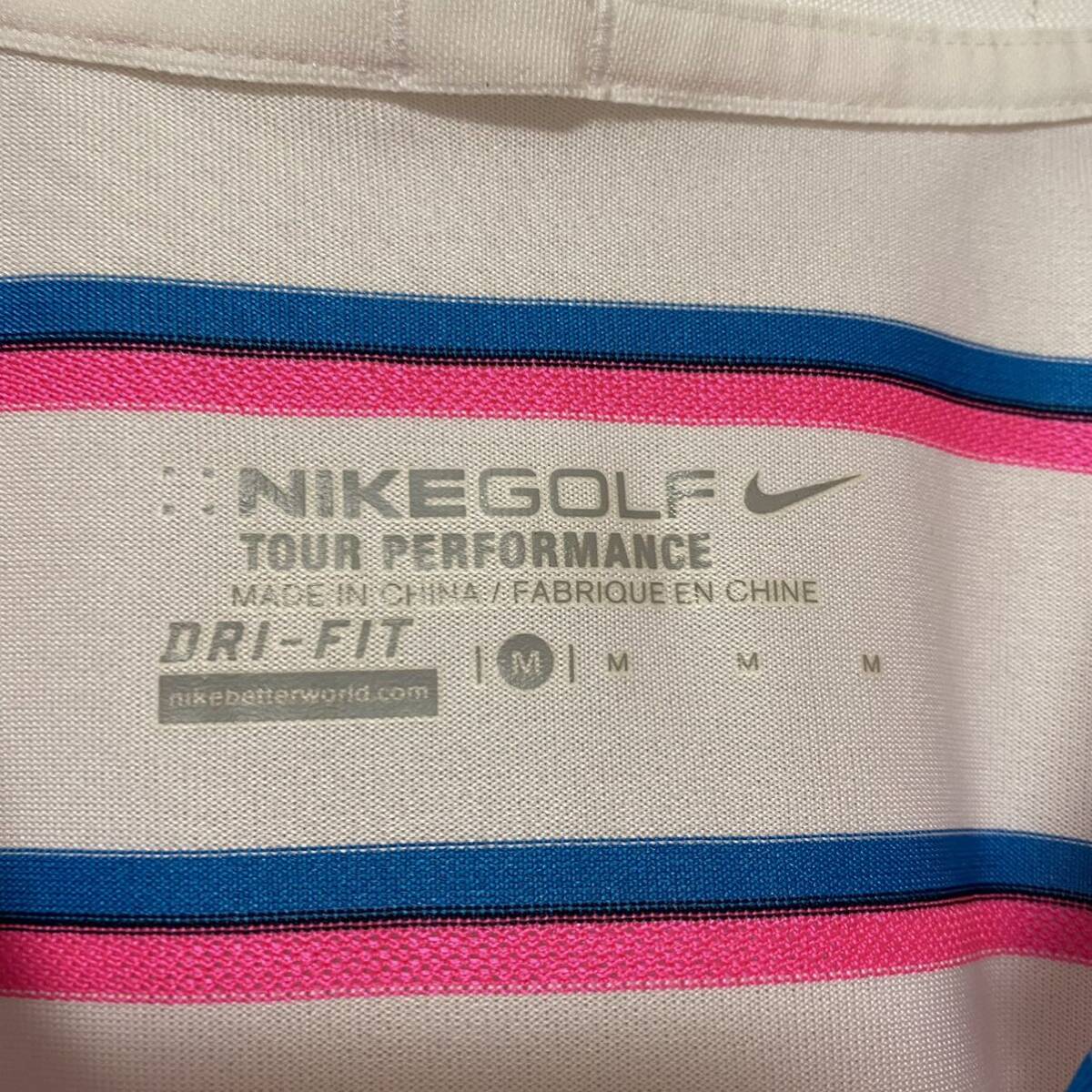 NIKE GOLF ナイキゴルフ ゴルフウェア 半袖 Mサイズ ボーダー ロゴ刺繍 ピンク メンズ_画像5