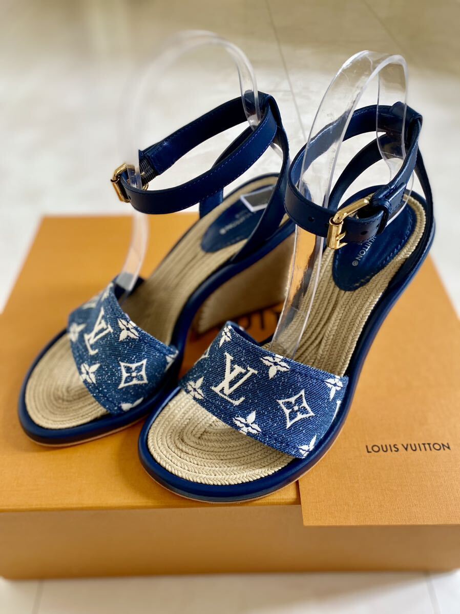 美品 LOUIS VUITTON マイアライン モノグラム ウェッジソール デニム サンダル ミュール 37 24 ルイヴィトン_画像3