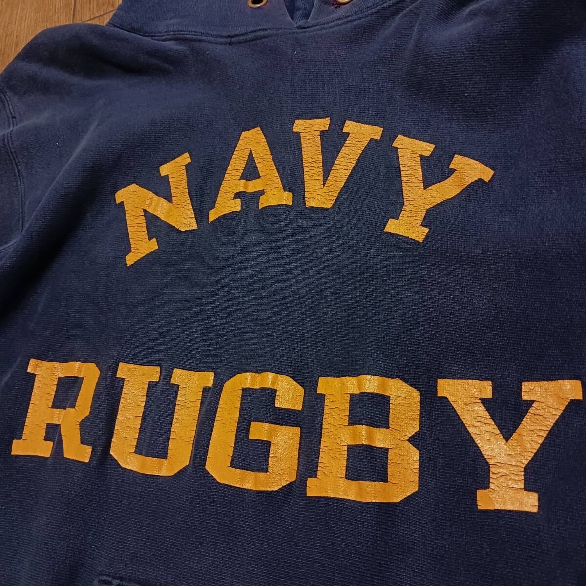 チャンピオン navy rugby 90s ヴィンテージ XL 両面プリント リバースウィーブ スウェットパーカー ナス紺 ミリタリー 40s 50s Championの画像7