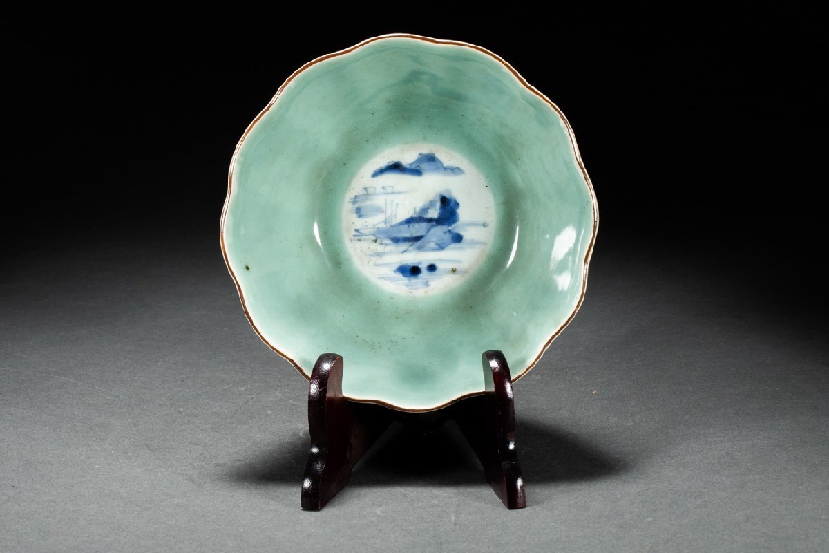 [. old .]. famous collection house purchase goods Edo era culture 7 . year 10 month . attaching landscape . celadon tea cup tea utensils antique goods old fine art 0410-122H0