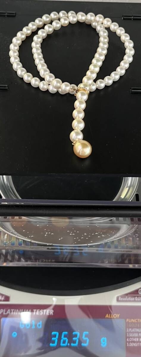 【JBI 5125】 K18 ゴールデンパール あこや ネックレス ダイヤモンド0.06ct 約36g ピアス 2点セット パール K18金具 南洋真珠 現状品 の画像7